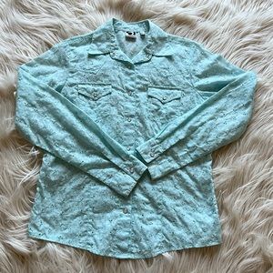 Roper Aqua Eyelet snap button western top Sz M so cute